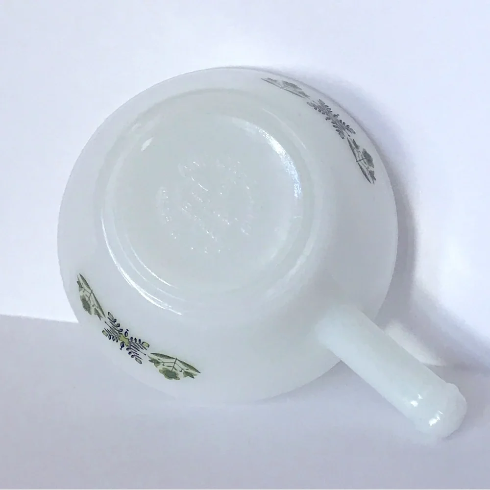 Anchor Hocking Fire King Milk Glass Meadow Green Bar Handle Soup Bowl 70s